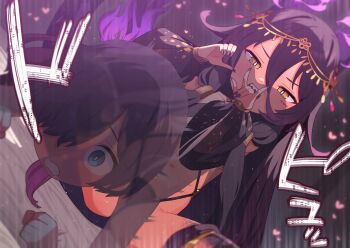 1boy 1girl bare_shoulders black_hair blue_eyes blush commentary detached_sleeves hair_between_eyes hair_ornament heart hetero highres jewelry long_hair looking_at_viewer mauro_(monmusu_td) monster_musume_td motion_lines nail_polish navel paid_reward_available purple_hair purple_nails revealing_clothes robo_mikan short_hair sitting solo_focus speed_lines thighhighs variant_set very_long_hair yellow_eyes