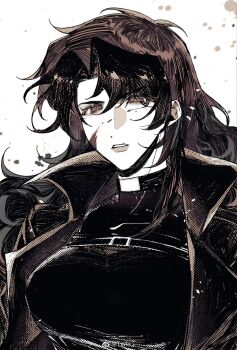 1girl black_coat black_eyes black_hair black_shirt chest_belt coat commentary english_commentary genderswap genderswap_(mtf) highres long_hair looking_at_viewer official_alternate_costume omniscient_reader&#039;s_viewpoint open_clothes open_coat parted_lips popped_collar scar scar_on_face serious shirt solo twle upper_body yoo_joonghyuk