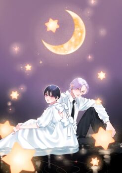 Rule 34 | 1boy, 1girl, androgynous, back ribbon, backless dress, backless outfit, black background, black hair, black necktie, black pants, blush, collar, collared shirt, couple, crescent moon, dress, earrings, gradient background, green eyes, hetero, highres, ichimaru kohaku, jewelry, lips, long sleeves, looking at viewer, mika yamamori, mole, mole under mouth, moon, necktie, official art, pants, partially submerged, pink lips, puffy short sleeves, puffy sleeves, purple background, purple eyes, ripples, shirt, short hair, short sleeves, sitting, star (symbol), takiguchi yoi, uruwashi no yoi no tsuki, water, water drop, wet, white dress, white hair, white shirt