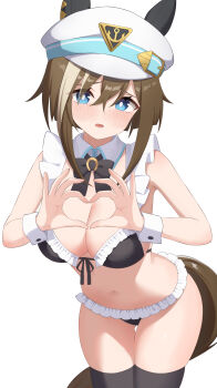 1girl absurdres alternate_costume animal_ears astroglia_cyte bikini black_bow black_bowtie black_thighhighs blue_eyes blush bow bowtie breasts brown_hair cheval_grand_(umamusume) cleavage commentary_request detached_collar ear_covers ears_through_headwear frilled_bikini frills hair_between_eyes hat heart heart_hands highres horse_ears horse_girl horse_tail large_breasts leaning_forward looking_at_viewer maid maid_bikini multicolored_hair navel sailor_hat short_hair_with_long_locks simple_background solo streaked_hair swimsuit tail thighhighs umamusume unconventional_maid white_background white_hair white_hat wrist_cuffs