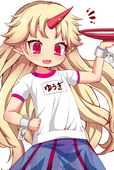 1girl blonde_hair blue_skirt blush buruma buruma_under_skirt cuffs flat_chest gym_uniform hand_on_own_hip holding horns hoshiguma_yuugi long_hair looking_down muuba open_mouth red_buruma red_eyes red_horns see-through_clothes see-through_skirt shirt simple_background single_horn skirt smile solo touhou translation_request very_long_hair white_background white_shirt