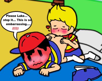 2boys anal anilingus ass awkward bed bed_sheet bedroom black_hair blanket blonde_hair blue_shorts blush bottomless closed_eyes clothes_pull dialogue_box embarrassed english_text hat heart huge_ass indoors kneeling kodomo_doushi kyojiri_shota looking_back lucas_(mother_3) lying male_underwear male_underwear_pull mother_(series) mother_2 mother_3 multiple_boys nervous ness_(mother_2) nintendo no_male_underwear on_bed pillow pisassa red_faced red_hat shirt shorts shorts_pull shota socks striped_clothes striped_shirt super_smash_bros. top-down_bottom-up underwear wavy_mouth white_male_underwear white_socks yaoi yellow_shirt