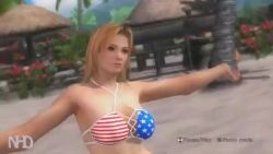 1girl 3d american_flag american_flag_bikini american_flag_print animated ass beach bikini blonde_hair blue_eyes breasts butt_crack dead_or_alive dead_or_alive_5 dead_or_alive_5_last_round exercising flag_print flag_print_bikini grabbing_own_breast lying navel palm_tree print_bikini sand sound swimsuit tagme tina_armstrong tree video