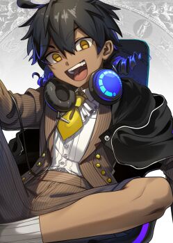 Rule 34 | 1boy, :d, absurdres, ahoge, ascot, black hair, black jacket, brown jacket, brown shorts, cable, call of cthulhu, capricorn (zodiac), chair, collared shirt, dark-skinned male, dark skin, drill hair, feet out of frame, hair between eyes, headphones, headphones around neck, highres, horizontal pupils, jacket, jacket on shoulders, juu ni seiza kan satsujin jiken, knee up, long sleeves, looking at viewer, medium hair, necktie, on chair, open clothes, open jacket, open mouth, original, pinstripe jacket, pinstripe pattern, pinstripe shorts, shirt, shirt tucked in, short necktie, shorts, sitting, smile, socks, solo, teeth, tie clip, twin drills, upper teeth only, ura green san, v-shaped eyebrows, white ascot, white shirt, white socks, yellow eyes, yellow necktie, zodiac, zodiac wheel