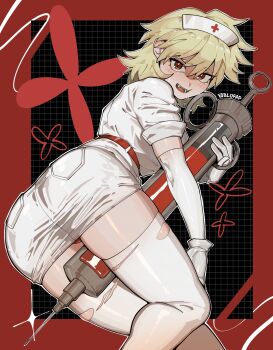 1girl absurdres alohapz belt blonde_hair breasts cross dress elbow_gloves from_behind gloves hat hellsing highres holding holding_syringe large_breasts large_syringe looking_at_viewer nurse nurse_cap oversized_object panties panty_peek pocket red_cross red_eyes red_panties rubber_gloves seras_victoria short_sleeves slit_pupils solo sparkle syringe thighhighs torn_clothes torn_thighhighs underwear white_dress white_thighhighs
