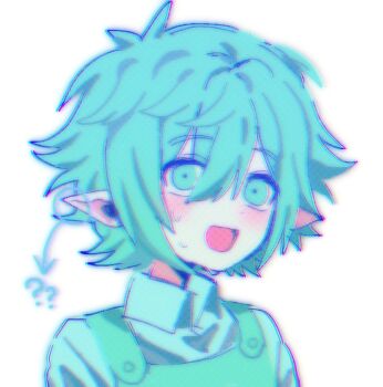 Rule 34 | 1boy, ?, ??, alternate costume, arrow (symbol), basil (headspace) (omori), basil (omori), blush, circle, collared shirt, colored skin, green eyes, green hair, green overalls, green shirt, highres, looking at viewer, male focus, my loleeta, omori, open mouth, overalls, pointy ears, shirt, simple background, smile, solo, sweat, upper body, white background, white skin