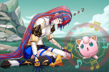 1girl 1other absurdres blue_hair commission female_alear_(fire_emblem) fire_emblem fire_emblem_engage gen_1_pokemon highres jigglypuff long_hair multicolored_hair music nintendo pokemon pokemon_(creature) red_hair saikunartworks singing sleeping split-color_hair two-tone_hair