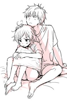 1boy 1girl arm_support barefoot bed_sheet blush brother_and_sister chigusa_asuha chigusa_kasumi dot_nose headpat hugging_own_legs incest long_hair looking_down looking_to_the_side messy_hair monochrome panties partially_colored pout qualidea_code sekiya_asami shirt short_hair siblings sitting sitting_between_lap sketch underwear