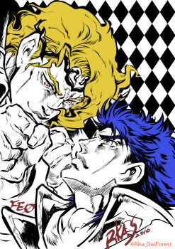 2boys argyle_background ascot blonde_hair blue_eyes blue_hair clenched_hands collar commentary_request crown dated fire_emblem fire_emblem:_genealogy_of_the_holy_war fire_emblem_cipher fire_emblem_fates highres ink jojo_no_kimyou_na_bouken looking_at_another multiple_boys nintendo official_art red_eyes signature sigurd_(fire_emblem) suzuki_rika twitter_username xander_(fire_emblem)