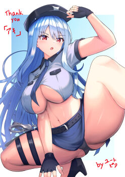 1girl arm_up artist_name belt belt_buckle black_belt black_gloves black_hat black_panties black_shoes blue_background blue_hair blue_necktie blue_skirt blush border breast_pocket breasts buckle clothing_cutout collared_shirt commentary_request commission crop_top cuffs dolphin_wave feet_out_of_frame fingerless_gloves from_below gloves gluteal_fold gradient_background grey_shirt hair_between_eyes hand_on_headwear handcuffs hat high_heels highres large_breasts long_hair looking_at_viewer midriff miniskirt navel nayuki_hiori necktie outside_border panties parted_lips pocket police police_hat police_uniform policewoman pumps red_eyes shirt shoes short_sleeves shoulder_boards sidelocks skeb_commission skirt solo spread_legs squatting stomach thigh_strap underboob_cutout underwear v-shaped_eyebrows very_long_hair white_border yuutopia