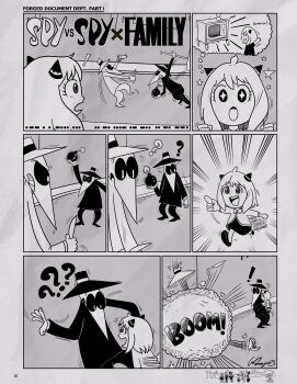 ! +_+ 1girl 2others 3boys 4girls ? ?? absurdres anya_(spy_x_family) artist_self-insert black_spy bomb comic explosion explosive finnjr63 fujiwara_chika greyscale gun handgun hat highres holding holding_bomb holding_gun holding_knife holding_weapon kaguya-sama_wa_kokurasetai_~tensai-tachi_no_renai_zunousen~ knife left-to-right_manga looking_at_another mad_magazine monochrome morse_code multiple_boys multiple_girls multiple_others open_mouth parody shinomiya_kaguya shirogane_miyuki short_hair smile speech_bubble spy_vs_spy spy_x_family star_(symbol) style_parody teeth thought_bubble twilight_(spy_x_family) upper_teeth_only weapon white_spy yor_briar