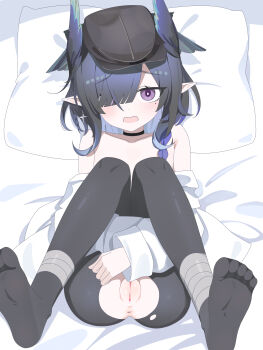 1girl absurdres anus arknights bird_girl black_choker black_hair black_pantyhose braid choker earrings embarrassed feet flat_cap hair_over_one_eye hat head_wings highres jewelry knees_together_feet_apart loli long_hair long_sleeves looking_at_viewer lying mole mole_under_eye mou_banlangen on_back on_bed open_mouth pantyhose pillow pointy_ears pov purple_eyes pussy single_earring solo ukusik_(arknights) wings