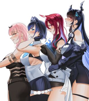 4girls adapted_costume ahoge asymmetrical_horns bare_shoulders black_dress black_hair blue_eyes blue_fire blue_hair blush breasts chain cleavage colored_inner_hair commentary demon_horns dress elizabeth_rose_bloodflame elizabeth_rose_bloodflame_(1st_costume) english_commentary fire fire_on_chest fur_trim gloves hair_intakes hair_ornament height_difference highres hololive hololive_english horns hug hug_from_behind huge_ahoge jewelry large_breasts long_hair mole mole_under_eye mori_calliope mori_calliope_(1st_costume) multicolored_hair multiple_girls nerissa_ravencroft nerissa_ravencroft_(1st_costume) ouro_kronii ouro_kronii_(1st_costume) pink_eyes pink_hair red_eyes red_hair set7 short_hair simple_background smile tall_female tiara trait_connection two-tone_hair uneven_horns veil very_long_hair virtual_youtuber white_background yuri