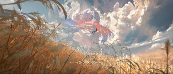 1girl absurdres alternate_costume artist_logo blue_hair blue_sky cloud commentary commentary_request cyrene_(honkai:_star_rail) cyrene_(ripples_of_past_reverie)_(honkai:_star_rail) dress english_commentary evening flower gradient_hair hair_flower hair_ornament highres honkai:_star_rail honkai_(series) logo long_hair long_sleeves mixed-language_commentary multicolored_hair no_shoes open_mouth outdoors paid_reward_available pantyhose pink_hair purple_eyes rose sky smile solo very_long_hair void_0 wheat_field white_dress white_flower white_pantyhose white_rose wide_shot