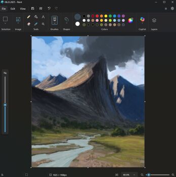 art_program_in_frame christian_young cloud cloudy_sky day microsoft_paint_(medium) microsoft_paint_(software) mountain mountainous_horizon no_humans original outdoors painterly river riverbank scenery screencap shore sky smoke