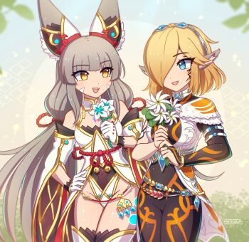 Rule 34 | 2girls, :d, animal ears, blonde hair, blue eyes, bodysuit, breasts, celica (xenoblade x), chest jewel, cowboy shot, detached sleeves, enni, facial mark, facial tattoo, fangs, flower, grey hair, hair over one eye, hairband, highleg, highleg leotard, highres, holding, holding flower, leotard, long hair, low twintails, medium breasts, multiple girls, nia (blade) (xenoblade), nia (xenoblade), open mouth, pointy ears, small breasts, smile, talking, tattoo, thighhighs, twintails, very long hair, xenoblade chronicles (series), xenoblade chronicles 2, xenoblade chronicles x, yellow eyes