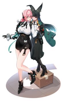 2girls animal_ear_fluff animal_ears armor bare_legs belt black_belt black_footwear black_gloves black_necktie black_pantyhose black_skirt blunt_bangs blunt_sidelocks boots box breasts closed_mouth commission commissioner_upload dress_shirt eye_contact fingerless_gloves fox_ears fox_girl full_body gauntlets glasses gloves green_jacket hair_between_eyes high-waist_skirt high_heels highres hime_cut holding_hands hoshimi_miyabi jacket large_breasts long_hair looking_at_another multiple_girls necktie non-web_source on_box open_mouth pantyhose parted_lips pencil_skirt pink_eyes pink_hair red_eyes shadow shirt shoulder_armor sidelocks simple_background single_fingerless_glove skirt smile standing thighs tsukishiro_yanagi white_background white_shirt yoruniyoruyoshi yuri zenless_zone_zero