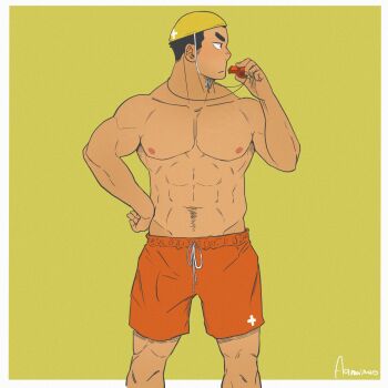 Rule 34 | 1boy, abs, amaimao, bara, dark-skinned male, dark skin, feet out of frame, highres, large pectorals, lifeguard, looking to the side, male focus, male swimwear, muscular, muscular male, navel, navel hair, nipples, orange male swimwear, original, pectorals, short hair, sideburns, solo, standing, swim trunks, topless male, whistle, whistle around neck