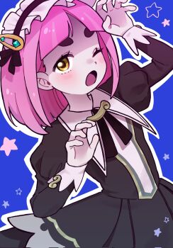 Rule 34 | 1girl, arched bangs, black dress, dress, highres, lacey (fall 2025) (pokemon), lacey (pokemon), looking at viewer, maid headdress, nintendo, official alternate costume, one eye closed, onigiri umasio, outline, pink hair, pokemon, pokemon masters ex, solo, star (symbol), white headdress, white outline, yellow eyes