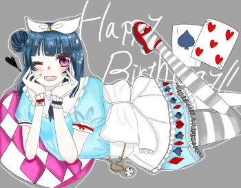 1girl ;) apron aqua_bow aqua_choker aqua_dress aqua_skirt artist_name artist_request back_bow black_neckerchief black_skirt blue_hair blush bow breasts card card_(medium) choker collarbone dress female_focus frilled_thigh_strap grey_background grey_legwear hair_bun hairband hand_on_own_cheek hand_on_own_face heart heart_print leg_up long_hair looking_at_viewer love_live! love_live!_school_idol_festival love_live!_sunshine!! miniskirt neckerchief one_eye_closed parted_lips pillow pink_eyes plaid_clothes plaid_dress plaid_skirt pleated pleated_dress pleated_skirt pocket_watch puffy_short_sleeves puffy_sleeves purple_eyes red_bow red_shoes roman_numeral shoes short_sleeves side_bun single_hair_bun skirt smile solo spade_(shape) spade_print striped_legwear thigh_strap tsushima_yoshiko watch white_apron white_bow white_hairband white_legwear white_skirt white_wrist_cuffs wrist_bow wrist_cuffs
