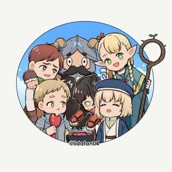 3boys 3girls animal_ears arm_around_neck armor black_hair blonde_hair blue_background blue_capelet blue_hat border braid brother_and_sister brown_eyes brown_hair capelet cat_ears cat_girl chibi chilchuck_tims closed_eyes dungeon_meshi dwarf eating elf facial_hair falin_touden green_eyes hair_ribbon hat holding holding_staff izutsumi laios_touden lida_(lidalida04) long_hair marcille_donato multiple_boys multiple_girls mustache open_mouth pointy_ears ribbon senshi_(dungeon_meshi) short_hair siblings smile staff twin_braids twitter_username v wavy_mouth white_border