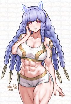 1girl abs alternate_costume bare_shoulders blue_hair blush body_markings braid breasts cleavage collarbone fire_emblem fire_emblem_heroes hair_ornament heidrun_(fire_emblem) highres large_breasts long_hair looking_at_viewer multiple_braids muscular muscular_female nintendo open_mouth red_eyes rotomdocs shorts smile solo sports_bra sportswear very_long_hair white_shorts white_sports_bra workout_clothes
