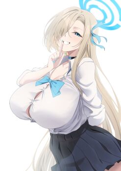 1girl arm_behind_back asuna_(blue_archive) asuna_(school_uniform)_(blue_archive) black_choker black_skirt blonde_hair blue_archive blue_bow blue_bowtie blue_eyes blue_halo blue_nails blue_ribbon blush bow bowtie breasts button_gap choker collared_shirt commentary cowboy_shot finger_to_mouth grin hair_over_one_eye hair_ribbon halo highres huge_breasts index_finger_raised long_hair looking_at_viewer loose_bowtie nail_polish no_bra official_alternate_costume pleated_skirt ribbon school_uniform shirt shirt_tucked_in simple_background skirt sleeves_rolled_up smile solo standing suigetu26 traditional_bowtie very_long_hair white_background white_shirt wing_collar