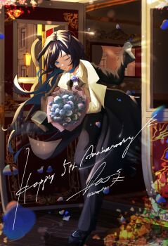 1girl absurdres ado_(utaite) black_coat black_hair black_pants black_shoes blue_eyes blue_flower blue_hair blue_rose bouquet chando_(ado) coat colored_inner_hair commentary door falling_petals flower groin haru_(likemerryandado) hashtag-only_commentary highres holding holding_bouquet long_hair mole mole_under_eye multicolored_hair pants petals rose shoes signature solo twitter_username utaite