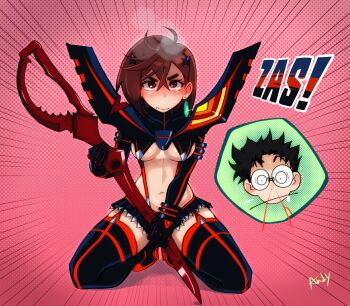 ! 1boy 1girl absurdres ahoge andychull armor artist_name ayase_momo black_hair blood blush breasts brown_eyes brown_hair cosplay dandadan embarrassed garter_straps glasses gloves high_heels highres kill_la_kill kneeling large_breasts matoi_ryuuko navel nosebleed polka_dot polka_dot_background scissors senketsu skirt speech_bubble suspenders takakura_ken_(dandadan) thighhighs underboob