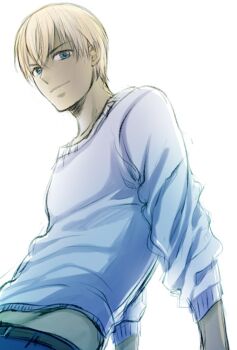 1boy amuro_tooru backlighting blonde_hair blue_eyes commentary_request dark-skinned_male dark_skin hachiya_nanao hip_bones lowleg lowleg_pants male_focus meitantei_conan pants smile solo sweater upper_body white_sweater