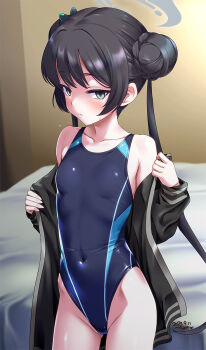 1girl bed black_hair black_one-piece_swimsuit blue_archive breasts commentary_request competition_swimsuit contrapposto covered_navel double_bun gluteal_fold grey_eyes grey_halo hair_bun halo highres jacket kisaki_(blue_archive) long_hair multicolored_swimsuit one-piece_swimsuit open_clothes open_jacket small_breasts solo swimsuit tsuchimiya twintails