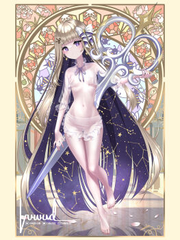 amanogawa_shiina barefoot blonde_hair bow constellation hair_bow highres long_hair luwudco multicolored_hair navel oversized_object pale_skin petals phase_connect purple_eyes purple_hair scissors scissors_hair_ornament see-through_clothes stained_glass star_(symbol) starry_hair thread toes very_long_hair virtual_youtuber
