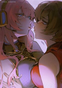 2girls absurdres bare_shoulders black_shirt blue_eyes blush breast_press breasts brown_eyes brown_hair commentary didi_(galacticdidi) english_commentary eye_contact hand_on_another's_arm headset highres imminent_kiss inconvenient_breasts large_breasts long_hair looking_at_another megurine_luka meiko_(vocaloid) multiple_girls parted_lips pink_hair puckered_lips raised_inner_eyebrows red_shirt shirt short_hair sleeveless sleeveless_shirt symmetrical_docking upper_body vocaloid yuri