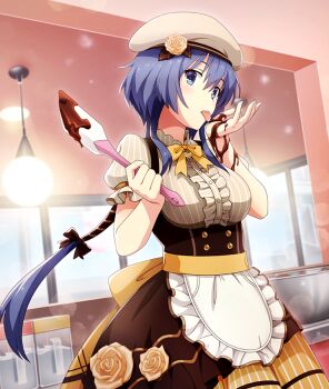 1girl apron beret blue_eyes blue_hair bow bowtie breasts brown_bow brown_corset brown_hat brown_shirt ceiling_light chocolate_icing chocolate_on_hand corset cowboy_shot day dutch_angle flower food_on_hand frilled_skirt frills game_cg hair_bow hanging_light hat hat_flower holding holding_spatula icing indoors large_breasts lens_flare licking licking_hand long_hair looking_at_viewer low_ponytail mixing_bowl mole mole_under_eye official_art pinstripe_pattern pinstripe_shirt ponytail ribbon rose setouchi_chie shirt short_sleeves sidelocks sideways_glance skirt solo spatula third-party_source toji_no_miko toji_no_miko:_kizamishi_issen_no_tomoshibi tongue tongue_out underbust very_long_hair waist_apron waist_ribbon white_apron window yellow_bow yellow_bowtie yellow_flower yellow_leggings yellow_ribbon yellow_rose