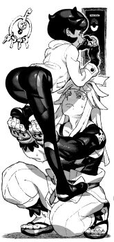 1boy 1girl 1other ass black_bodysuit black_hair bodysuit bodysuit_under_clothes brown_jacket dark-skinned_female dark_skin emma_(pokemon) full_body gen_6_pokemon gloves highres huge_ass ireading ivor_(pokemon) jacket klefki long_hair looking_at_another muscular muscular_male nintendo open_mouth pokemon pokemon_legends:_z-a short_hair simple_background wide_hips
