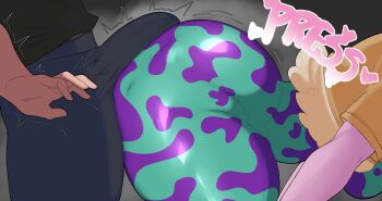 1boy 1girl ashido_mina ass boku_no_hero_academia bulge buttjob buttjob_over_clothes colored_skin erection erection_under_clothes frottage highres pants pink_skin teasing vammzu