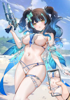 1girl 1other absurdres bare_shoulders beach bikini black_hair blue_choker blue_hair blurry blurry_background breasts cellphone choker commentary_request day detached_sleeves hair_ornament hand_up highres holding holding_phone holding_water_gun large_breasts long_hair looking_at_viewer multi-strapped_bikini_bottom multicolored_hair nail_polish navel open_mouth outdoors phone pov pov_hands siris_(snowbreak) skindentation smartphone snowbreak:_containment_zone solo_focus stomach string_bikini swimsuit thigh_strap thighs two-tone_hair two_side_up underboob water_gun white_bikini yellow_eyes yukineko1018