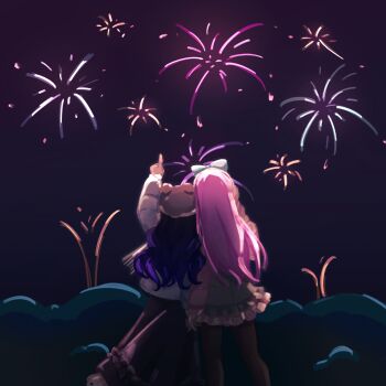 2girls absurdres aerial_fireworks alternate_costume arm_up artist_self-insert aubrey_(faraway)_(omori) aubrey_(omori) backlighting bear_hat black_skirt black_sky bow brown_pantyhose chinese_commentary commentary_request earmuffs feet_out_of_frame fireworks frilled_skirt frills from_behind grey_bow grey_hat grey_jacket grey_skirt hair_bow hat highres holding_hands jacket layered_skirt long_hair long_skirt long_sleeves miniskirt multiple_girls night omori original pantyhose pink_hair pink_jacket plaid_clothes plaid_skirt pointing pointing_up puffy_long_sleeves puffy_sleeves purple_hair rainbrey_0801 side-by-side simple_background skirt sky standing straight_hair wavy_hair yuri