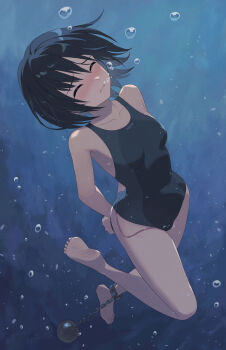 1girl air_bubble amagami asphyxiation ball_and_chain_restraint barefoot black_hair black_one-piece_swimsuit blue_one-piece_swimsuit blush botan_m bound bound_wrists bubble closed_eyes collarbone commentary_request competition_swimsuit drowning egg_vibrator full_body highres holding_breath nanasaki_ai one-piece_swimsuit paid_reward_available parted_lips restrained sex_toy short_hair sinking soles solo struggling submerged swimsuit two-tone_one-piece_swimsuit two-tone_swimsuit underwater vibrator vibrator_under_swimsuit water
