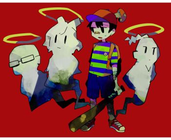 1girl 3boys backpack bad_id bad_pixiv_id badge bag bandaid bandaid_on_face bandaid_on_leg bandaid_on_nose baseball_bat baseball_cap black_hair blue_shorts braid ghost glasses halo hat holding jeff_andonuts mother_(series) mother_2 multiple_boys mushroom mushroom_on_head ness_(mother_2) nintendo open_mouth paula_(mother_2) poo_(mother_2) red_background red_footwear red_headwear shirt shoes shorts simple_background sneakers soumenhiyamugi standing striped_clothes striped_shirt sweat