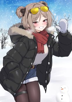 1girl absurdres belt black_jacket blue_shorts brown_hair brown_pantyhose commission cowboy_shot denim denim_shorts double_bun down_jacket eyewear_on_head fur_trim girls'_frontline grin hair_bun hand_in_pocket highres jacket looking_at_viewer medium_hair mittens oldsickkim open_clothes open_jacket p90_(girls'_frontline) pantyhose pixiv_commission red_eyes red_scarf scarf shirt short_shorts shorts smile snowing solo sunglasses thigh_strap white_shirt winter