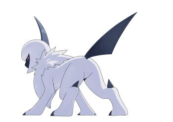 Rule 34 | absol, absurdres, bright pupils, commentary request, from behind, full body, gen 3 pokemon, highres, katahane3, looking at viewer, neck fur, nintendo, no humans, pokemon, pokemon (creature), pokemon focus, red eyes, simple background, solo, standing, tail, white background, white fur, white pupils