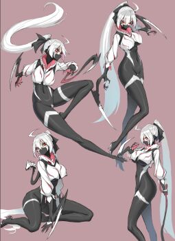 Rule 34 | 1girl, ahoge, arm blade, black bodysuit, bodysuit, breasts, cropped jacket, high heels, hk33, jacket, large breasts, living clothes, long hair, mask, mouth mask, original, pink background, ponytail, red eyes, skin tight, symbiote, very long hair, weapon, white hair, white jacket
