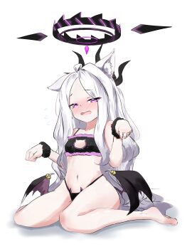 1girl absurdres ahoge alternate_costume animal_ear_fluff barefoot black_halo black_horns black_scrunchie black_wings blue_archive blush cat_cutout cat_lingerie clothing_cutout collarbone demon_girl demon_horns demon_wings dot_nose fang feet floppy_ears half-closed_eyes halo hands_up highres hina_(blue_archive) horns kemonomimi_mode loli long_hair looking_at_viewer low_wings multiple_horns navel open_mouth prefect_team_(blue_archive) purple_eyes scrunchie sidelocks simple_background sitting skin_fang solo thighs toes very_long_hair white_background white_hair wings wrist_scrunchie zenome_leon