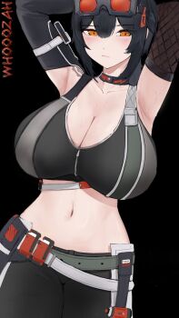 1girl absurdres armpits arms_behind_head arms_up artist_name asymmetrical_gloves belt black_background black_choker black_hair black_pants black_sports_bra breasts choker cleavage closed_mouth commentary english_commentary gloves goggles goggles_on_head grace_howard grey_belt highres large_breasts mismatched_gloves navel orange_eyes pants shoulder_tattoo sidelocks solo sports_bra stomach strap sweat tattoo toned toned_female whooozah zenless_zone_zero zipper_top