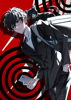 1boy amamiya_ren animal animal_on_shoulder bag black_bag black_cat black_eyes black_hair black_jacket black_pants cat cellphone commentary_request cowboy_shot hair_between_eyes hand_in_pocket highres holding holding_phone hunched_over jacket li_sheng_sheng long_sleeves looking_ahead male_focus messy_hair morgana_(cat)_(persona_5) morgana_(persona_5) pants parted_lips persona persona_5 phone plaid_clothes plaid_pants polka_dot polka_dot_background red_background school_bag school_uniform shadow shirt short_hair shuujin_academy_school_uniform smartphone turtleneck turtleneck_shirt tuxedo_cat white_shirt