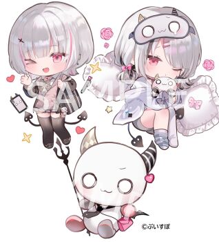 1girl asumi_sena asymmetrical_legwear bag black_thighhighs bow chibi grey_hair hair_bow long_sleeves lying medium_hair multicolored_hair multiple_tails multiple_views official_art one_eye_closed open_mouth pink_hair sample_watermark school_bag school_uniform simple_background smile socks standing streaked_hair striped_clothes striped_socks tail thighhighs two_tails uneven_legwear virtual_youtuber vspo! watermark white_background white_thighhighs y_o_u_k_a