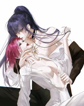 Rule 34 | 2girls, bite mark, choker, cowboy shot, dress, gradient hair, high ponytail, highres, multicolored hair, multiple girls, no bra, path to nowhere, ponytail, rahu (path to nowhere), rasha 12280919, scar, scar across eye, scar on face, shalom (path to nowhere), shirt, sitting, white background, white dress, white shirt, yuri