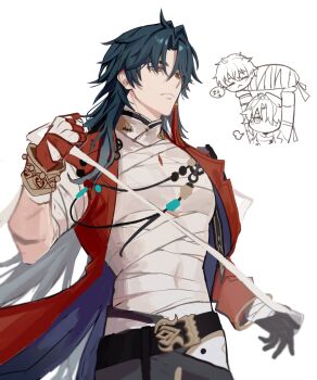 1boy ahoge bandaged_chest bandaged_torso beads blade_(elation)_(honkai:_star_rail) blade_(honkai:_star_rail) blue_hair bracelet chibi commentary_request dan_heng_(honkai:_star_rail) double-parted_bangs earrings gloves highres honkai:_star_rail honkai_(series) jacket jewelry kkong_x korean_commentary long_hair male_focus necklace open_clothes open_jacket pants red_eyes red_jacket single_earring single_glove tassel toned toned_male very_long_hair