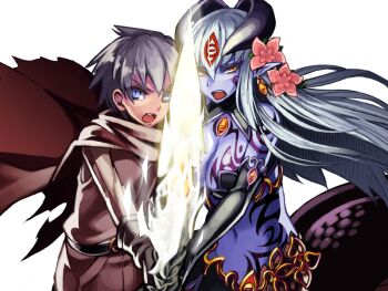 1boy 1girl alipheese_fateburn_xvi angel_halo_(mon-musu_quest!) armored_skirt belt black_belt black_gloves black_shirt black_skirt blue_eyes bmp-to-png_conversion breast_tattoo breasts brown_gloves brown_tunic cape cleavage cleavage_cutout clothing_cutout colored_skin elbow_gloves eye_tattoo facial_tattoo flower game_cg gloves glowing glowing_sword glowing_weapon hair_between_eyes hair_flower hair_ornament hair_tattoo halter_shirt halterneck holding holding_hands holding_sword holding_together holding_weapon horns kenkou_cross lamia large_breasts long_hair long_sleeves looking_at_viewer luka_(mon-musu_quest!) mon-musu_quest! monster_girl navel non-web_source open_mouth pointy_ears purple_hair purple_skin red_cape scales shared_weapon sharing shirt short_hair side-by-side simple_background skirt spoilers stomach_tattoo sword tattoo teeth torn_cape torn_clothes transparent_background tunic upper_body upper_teeth_only v-shaped_eyebrows very_long_hair weapon white_hair white_shirt yellow_eyes